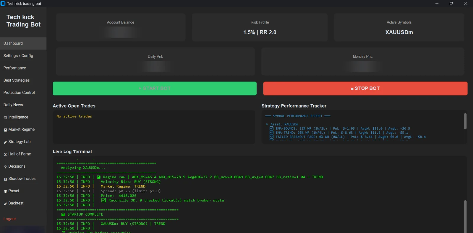 Tech Kick Bot dashboard showing the live decision log, open trades and per-strategy performance
