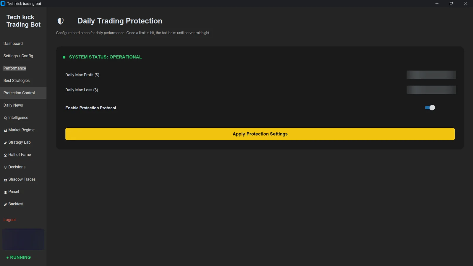 Daily trading protection screen with configurable maximum daily profit and loss limits